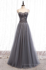 Prom Dresses Ball Gown Elegant, Grey A-line Sweetheart Straps Sequins Top Tulle Maxi Formal Dress