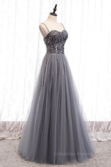 Prom Dresses 2054 Long, Grey A-line Sweetheart Straps Sequins Top Tulle Maxi Formal Dress