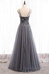 Prom Dresses Ball Gown Style, Grey A-line Sweetheart Straps Sequins Top Tulle Maxi Formal Dress