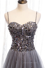 Prom Dresses For Teens Long, Grey A-line Sweetheart Straps Sequins Top Tulle Maxi Formal Dress