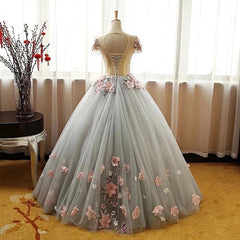 Bridesmaids Dresses Vintage, Grey Ball Gown 3D Flowers Princess Party Gown,Sweet 16 Quinceanera Dress Ball Gowns