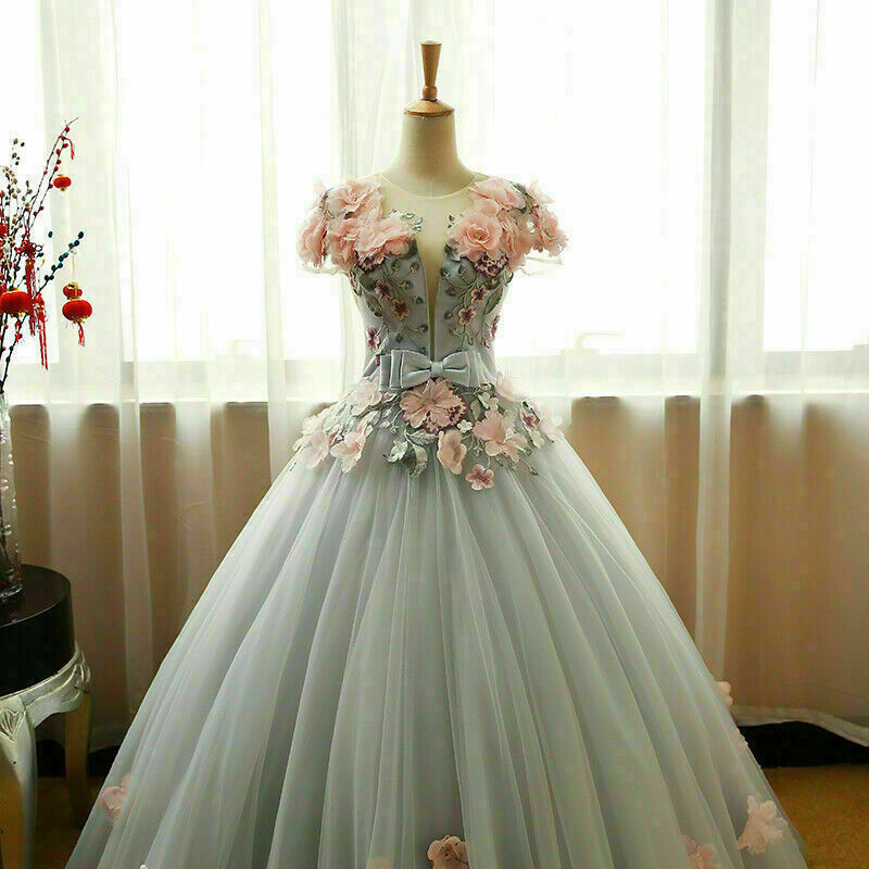 Bridesmaid Dress Winter, Grey Ball Gown 3D Flowers Princess Party Gown,Sweet 16 Quinceanera Dress Ball Gowns