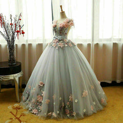 Bridesmaid Dress Vintage, Grey Ball Gown 3D Flowers Princess Party Gown,Sweet 16 Quinceanera Dress Ball Gowns