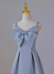 Wedding Dress Elegant, Grey Blue Tea Length Satin Straps Formal Dress, A-line Wedding Party Dress