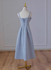 Wedding Dress Sale, Grey Blue Tea Length Satin Straps Formal Dress, A-line Wedding Party Dress