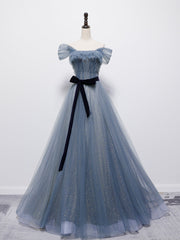 Semi Dress, Grey-Blue Tulle Off Shoulder Long Party Dress with Bow, A-line Floor Length Prom Dress