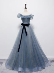 Evening Dresses Long, Grey-Blue Tulle Off Shoulder Long Party Dress with Bow, A-line Floor Length Prom Dress