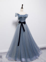 Satin Bridesmaid Dress, Grey-Blue Tulle Off Shoulder Long Party Dress with Bow, A-line Floor Length Prom Dress