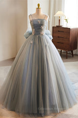 Party Dress New Look, Grey Bow Tie Straps 3D Flowers A-line Long Prom Dress with Bow