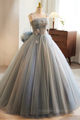Party Dress For Wedding, Grey Bow Tie Straps 3D Flowers A-line Long Prom Dress with Bow