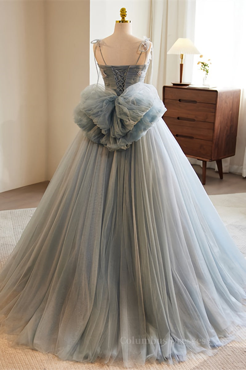 Party Dresses For Wedding, Grey Bow Tie Straps 3D Flowers A-line Long Prom Dress with Bow