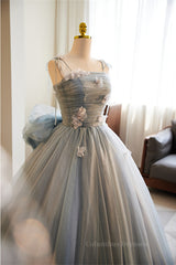 Party Dresses For Weddings, Grey Bow Tie Straps 3D Flowers A-line Long Prom Dress with Bow