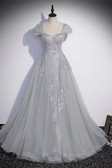 Formal Dresses Cheap, Grey Cap Sleeves Silver Sequins-Embroidered Long Formal Dress