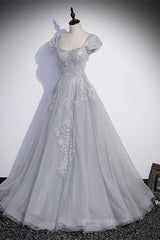 Formal Dresses Classy, Grey Cap Sleeves Silver Sequins-Embroidered Long Formal Dress
