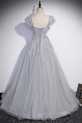 Formal Dresses 2052, Grey Cap Sleeves Silver Sequins-Embroidered Long Formal Dress