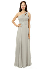 Prom Dresses Tight, Grey One Shoulder Chiffon Pleats Beading Bridesmaid Dresses LG0254