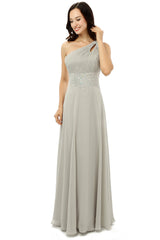 Prom Dress Tight, Grey One Shoulder Chiffon Pleats Beading Bridesmaid Dresses LG0254