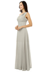 Prom Dress Gown, Grey One Shoulder Chiffon Pleats Beading Bridesmaid Dresses LG0254