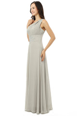 Prom Dresses Gown, Grey One Shoulder Chiffon Pleats Beading Bridesmaid Dresses LG0254