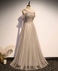 Bridesmaid Dress Wedding, Grey One Shoulder Pearls Tulle Long Evening Dress, Light Grey Party Dress Formal Dress