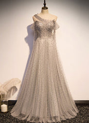 Bridesmaids Dresses Wedding, Grey One Shoulder Pearls Tulle Long Evening Dress, Light Grey Party Dress Formal Dress
