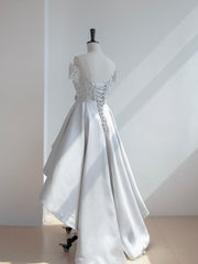 Prom Dress Near Me, Grey Satin with Lace Off Shoulder High Low Homecoming Dress, Grey Prom Dress