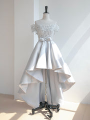 Prom Dress Boutiques Near Me, Grey Satin with Lace Off Shoulder High Low Homecoming Dress, Grey Prom Dress