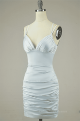 White Dress Outfit, Grey Sheath Double Straps Lace-Up Back Pleated Satin Mini Dress