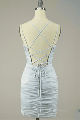 Dress Ideas, Grey Sheath Double Straps Lace-Up Back Pleated Satin Mini Dress