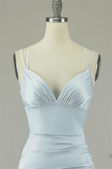 Functional Dress, Grey Sheath Double Straps Lace-Up Back Pleated Satin Mini Dress