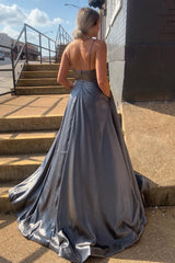 Grey Spaghetti Straps Backless Long Prom Dress with Pockets