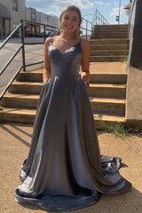 Grey Spaghetti Straps Backless Long Prom Dress with Pockets