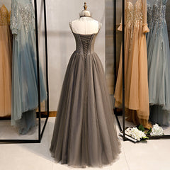 Prom Dresses Shop, Grey Sweetheart Beaded Straps Long Tulle Prom Dress, Grey A-line Formal Dress Evening Dress
