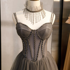 Prom Dresses Shopping, Grey Sweetheart Beaded Straps Long Tulle Prom Dress, Grey A-line Formal Dress Evening Dress