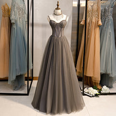 Prom Dress Shops, Grey Sweetheart Beaded Straps Long Tulle Prom Dress, Grey A-line Formal Dress Evening Dress