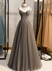 Prom Dressed Long, Grey Sweetheart Beaded Straps Long Tulle Prom Dress, Grey A-line Formal Dress Evening Dress