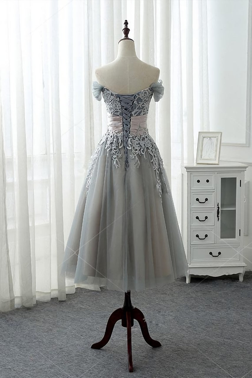 Bridesmaid Dresses Blush Pink, Grey Tea Length Formal Dress with Lace, Grey Bridesmaid Dress