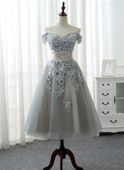 Bridesmaid Dress Blush Pink, Grey Tea Length Formal Dress with Lace, Grey Bridesmaid Dress