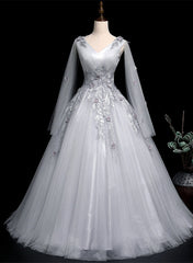 Party Dress Look, Grey V-neckline Ball Gown with Lace and Flowers Party Dress, Grey Sweet 16 Dress