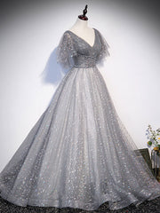 Bridesmaids Dresses Floral, Grey V-neckline Tulle Low Back Long Prom Dress, Grey Formal Dress Party Dress