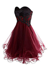 Formal Dress Elegant, Lovely Cute Appliques Burgundy Sweetheart Organza Lace Up Short Homecoming Dress