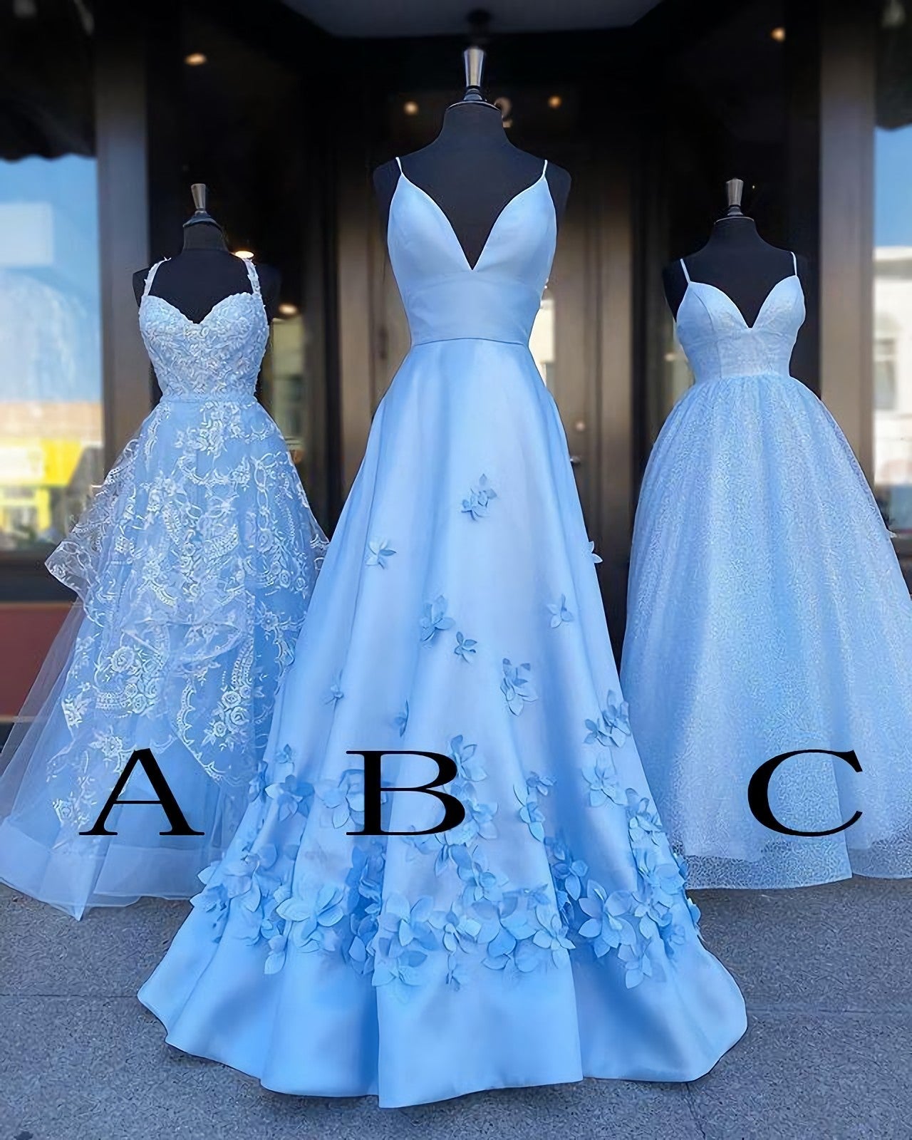 Functional Dress, Charming Blue Spaghetti Straps V Neck Flowers Long Prom Dresses, Satin Unique Formal Dresses