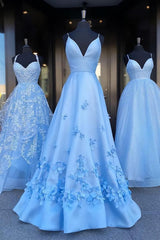 Dress Ideas, Charming Blue Spaghetti Straps V Neck Flowers Long Prom Dresses, Satin Unique Formal Dresses