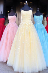 Homecoming, A Line Tulle Yellow Spaghetti Straps Prom Dresses With Appliques Party Dresses