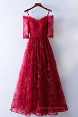 Wedding Photo Ideas, Half Sleeves Burgundy Lace Prom Dresses, Wine Red Half Sleeves Long Lace Formal Evening Dresses