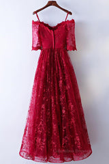 Wedding Inspo, Half Sleeves Burgundy Lace Prom Dresses, Wine Red Half Sleeves Long Lace Formal Evening Dresses
