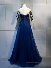 Evening Dress Long Sleeve, Half Sleeves Navy Blue Long Lace Prom Dresses, Dark Navy Blue Long Lace Formal Bridesmaid Dresses
