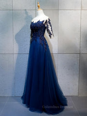 Evening Dresses 3 36 Sleeve, Half Sleeves Navy Blue Long Lace Prom Dresses, Dark Navy Blue Long Lace Formal Bridesmaid Dresses