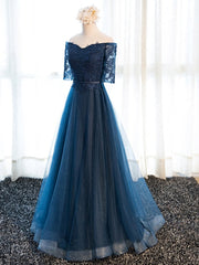 Ranch Dress, Half Sleeves Navy Blue Long Lace Prom Dresses, Navy Blue Lace Formal Bridesmaid Dresses