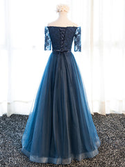Lace Dress, Half Sleeves Navy Blue Long Lace Prom Dresses, Navy Blue Lace Formal Bridesmaid Dresses